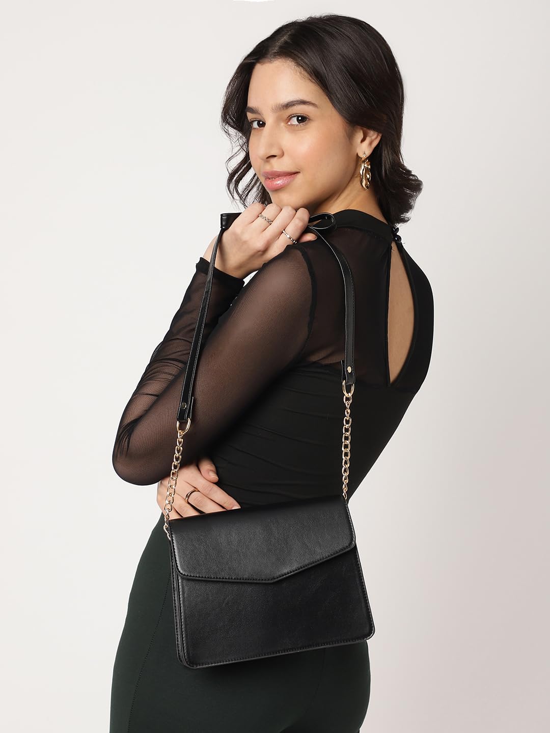 Fastrack Solid Structured Sling Bag for Women, Girls and Ladies | Gold Chain Sling Straps | Ladies Purse Handbag