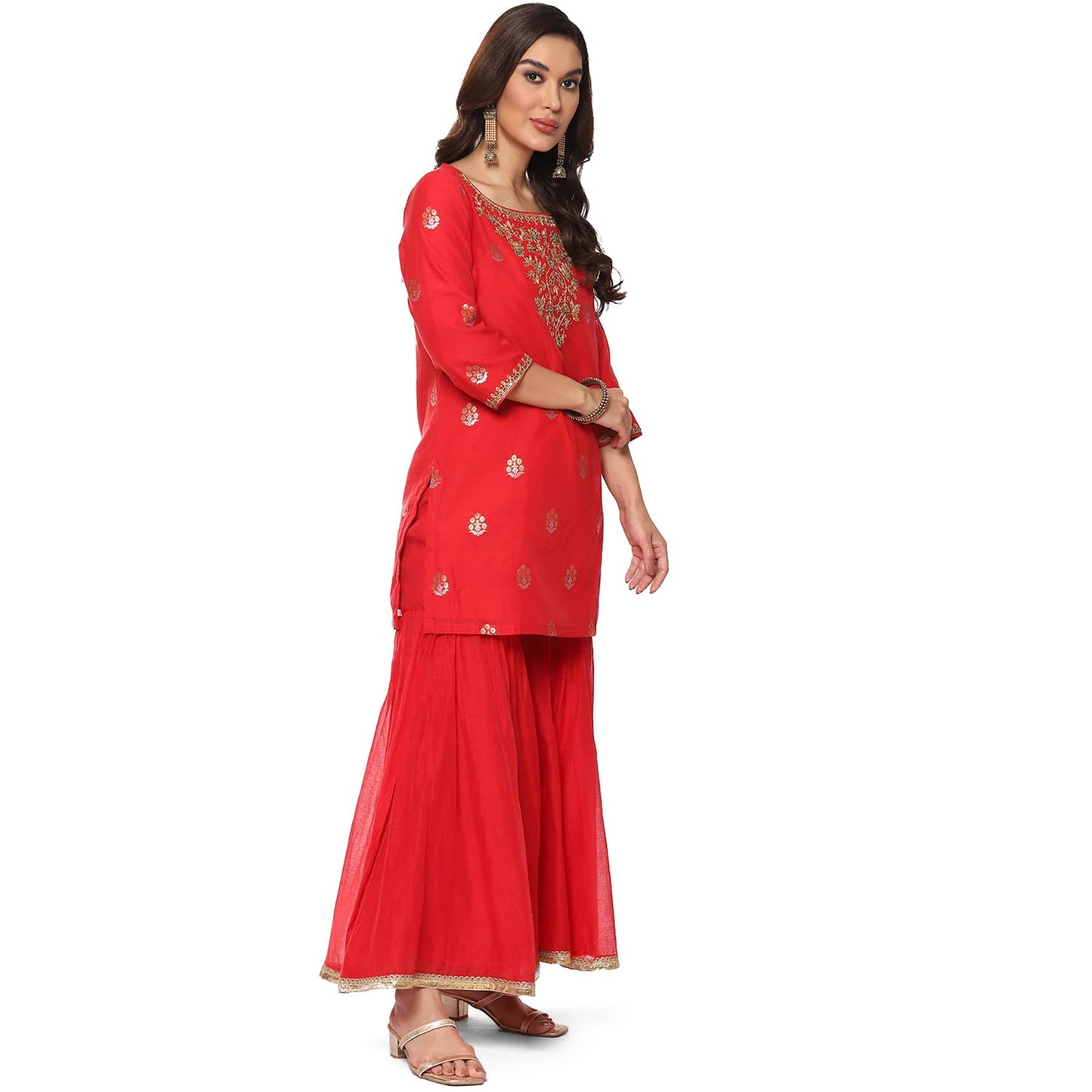 BIBA Cotton Women Embroidery Relaxed Salwar Kurta Dupatta (SKDBANARAS8143_RED_38), XL