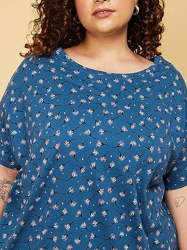 Max Women Plus Size Pure Cotton Floral Printed Round Neck T-shirt (SP23ELITE01P_Blue)