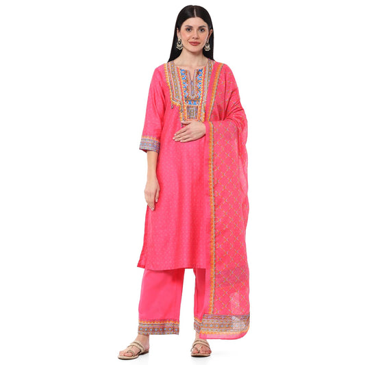 BIBA Women PRINTED STRAIGHT KURTA SALWAR KURTA DUPATTA(SKDINDIE BOHO9454_FUCHSIA_38)