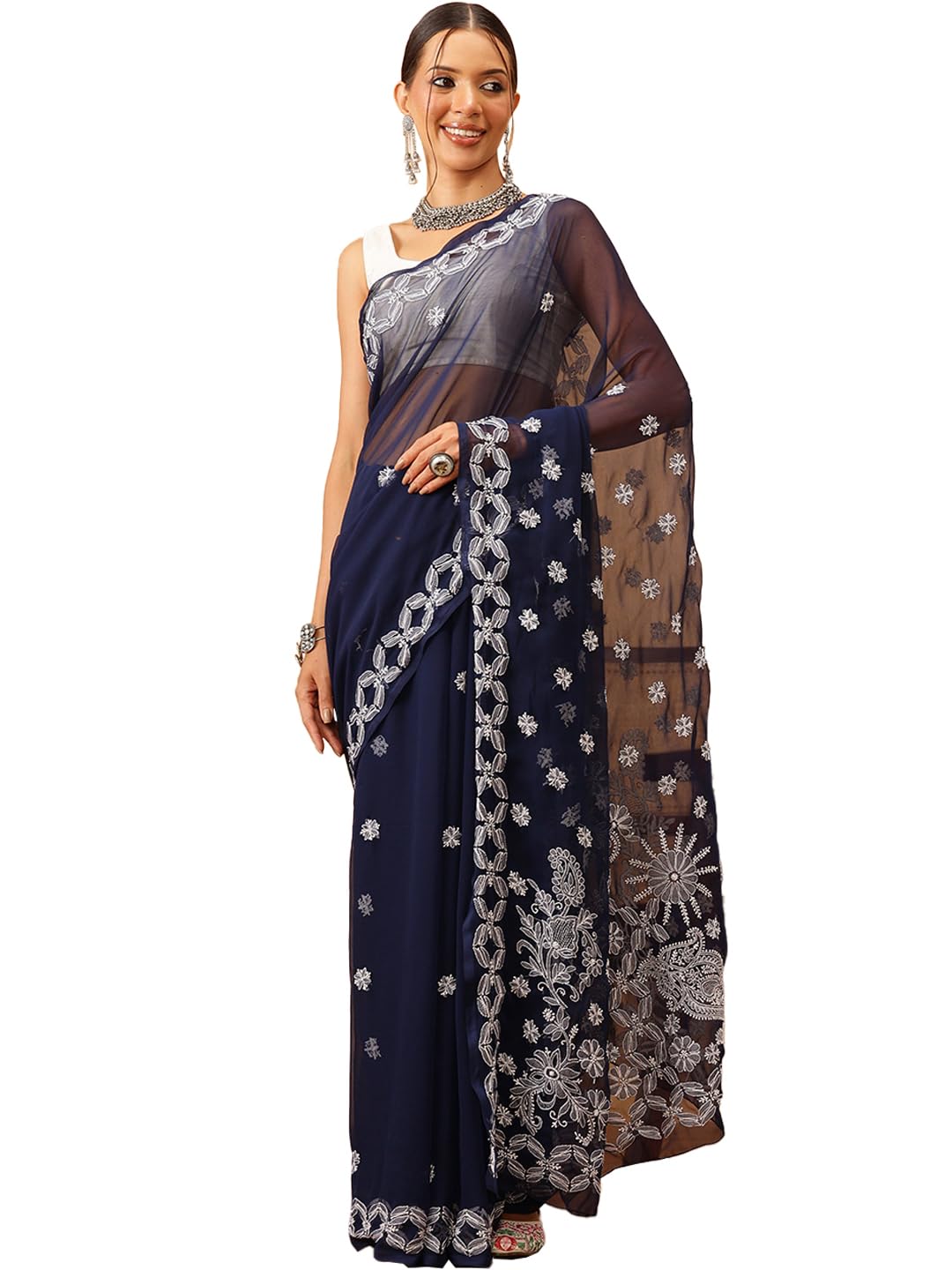 Ada Women's Hand Embroidered Lucknowi Chikankari Georgette Saree With Unstitched Blouse Piece A311378 Navy Blue