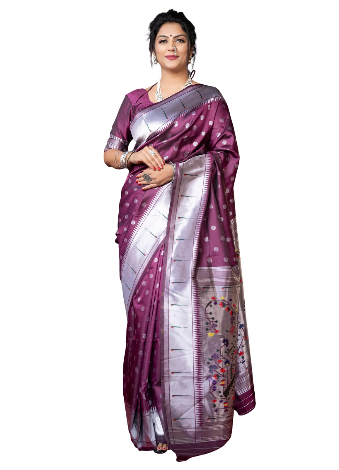 AMIRAT Women's Litchi Silk Paithani Saree and Unstitched Blouse Piece | Saree Blouse for Women | Wine