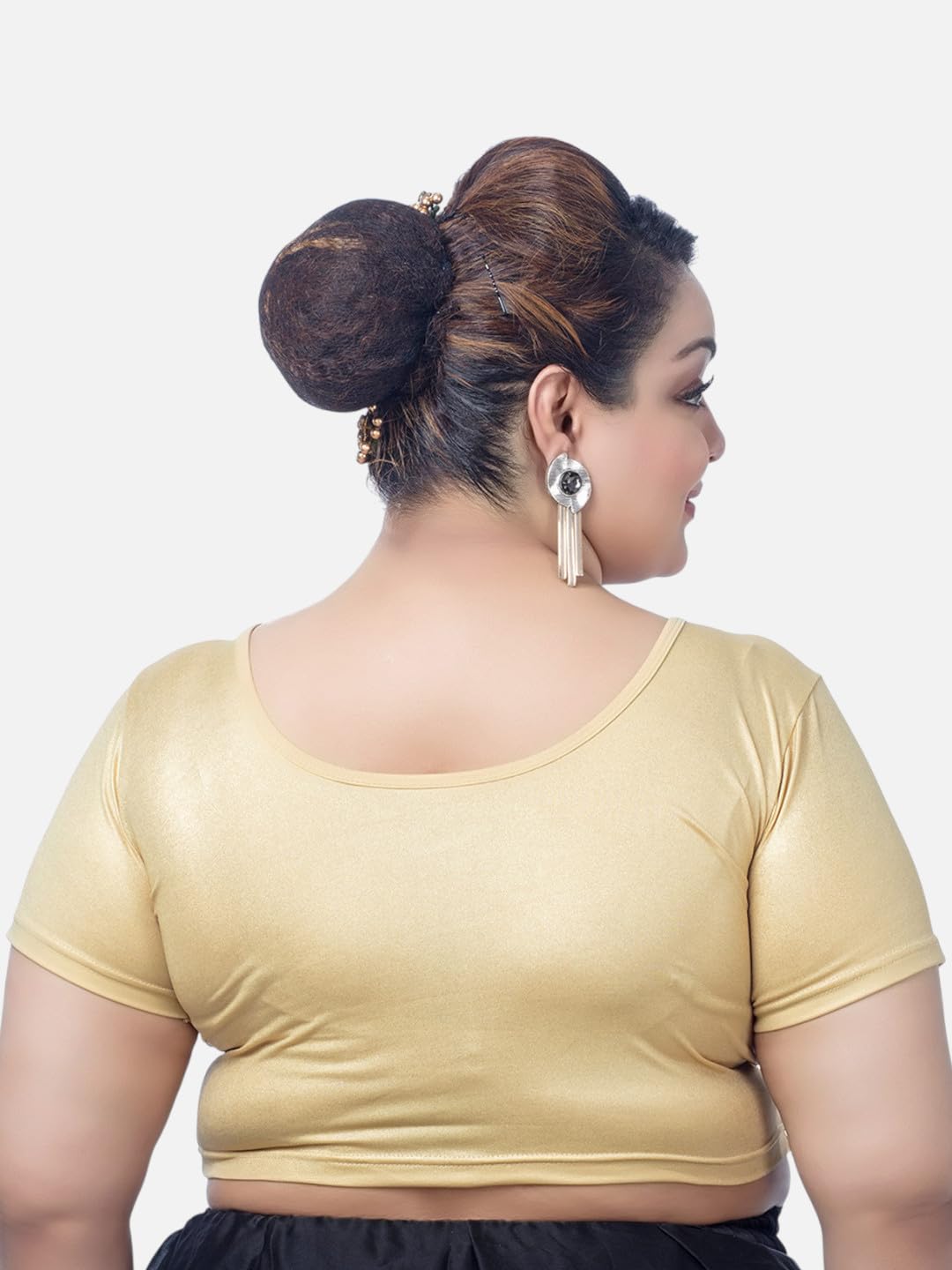 Biyu Women's Lycra Stretchable Gold Short Sleeves Round Neck Princess Cut Plus Size Readymade Saree Blouse (Gold, 50)