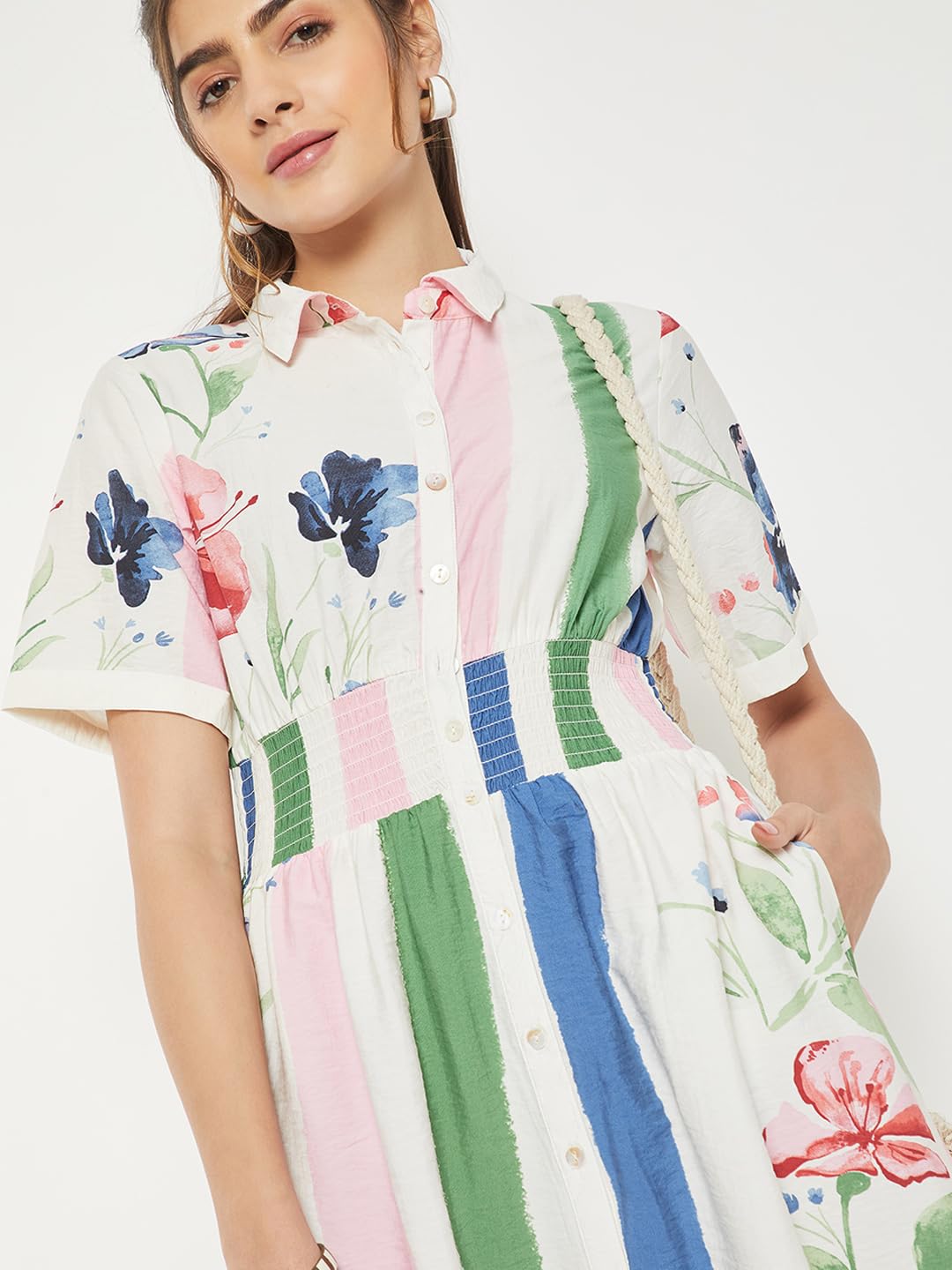 Max Women Printed Shirt Dress(White_L)