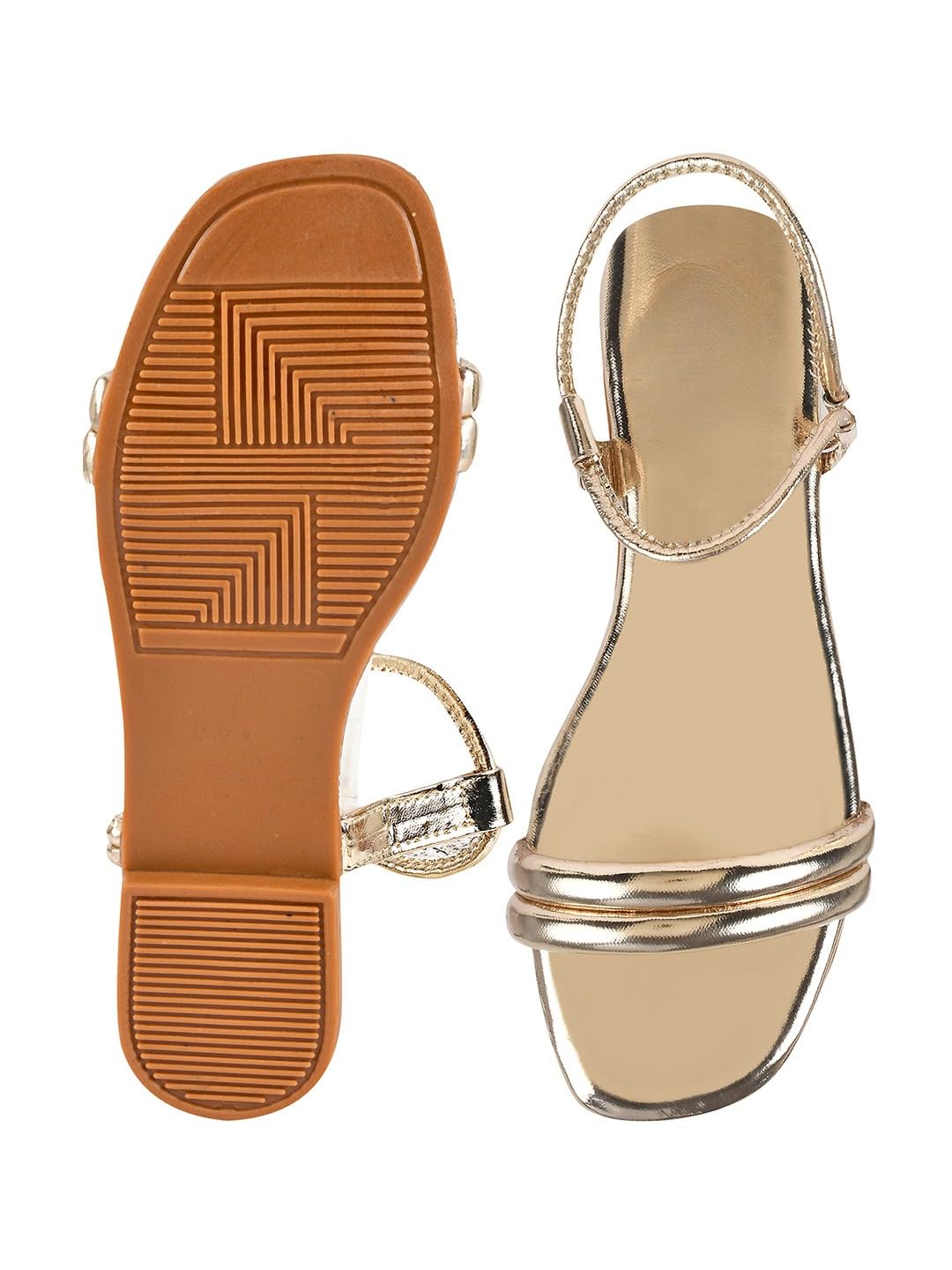 GLEMATOZ Embellished Backstrap Golden Flat Sandals For Women & Girls Casual & Festive Comfortable Casual Stylish Summer & Party Footwear EU41