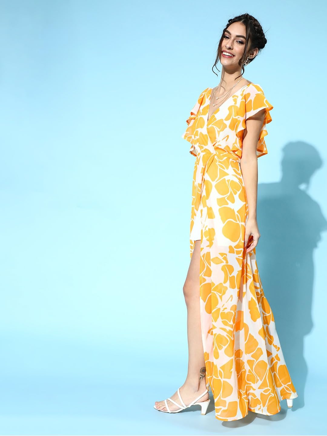 SASSAFRAS Mustard Floral Frill Sleeve Maxi