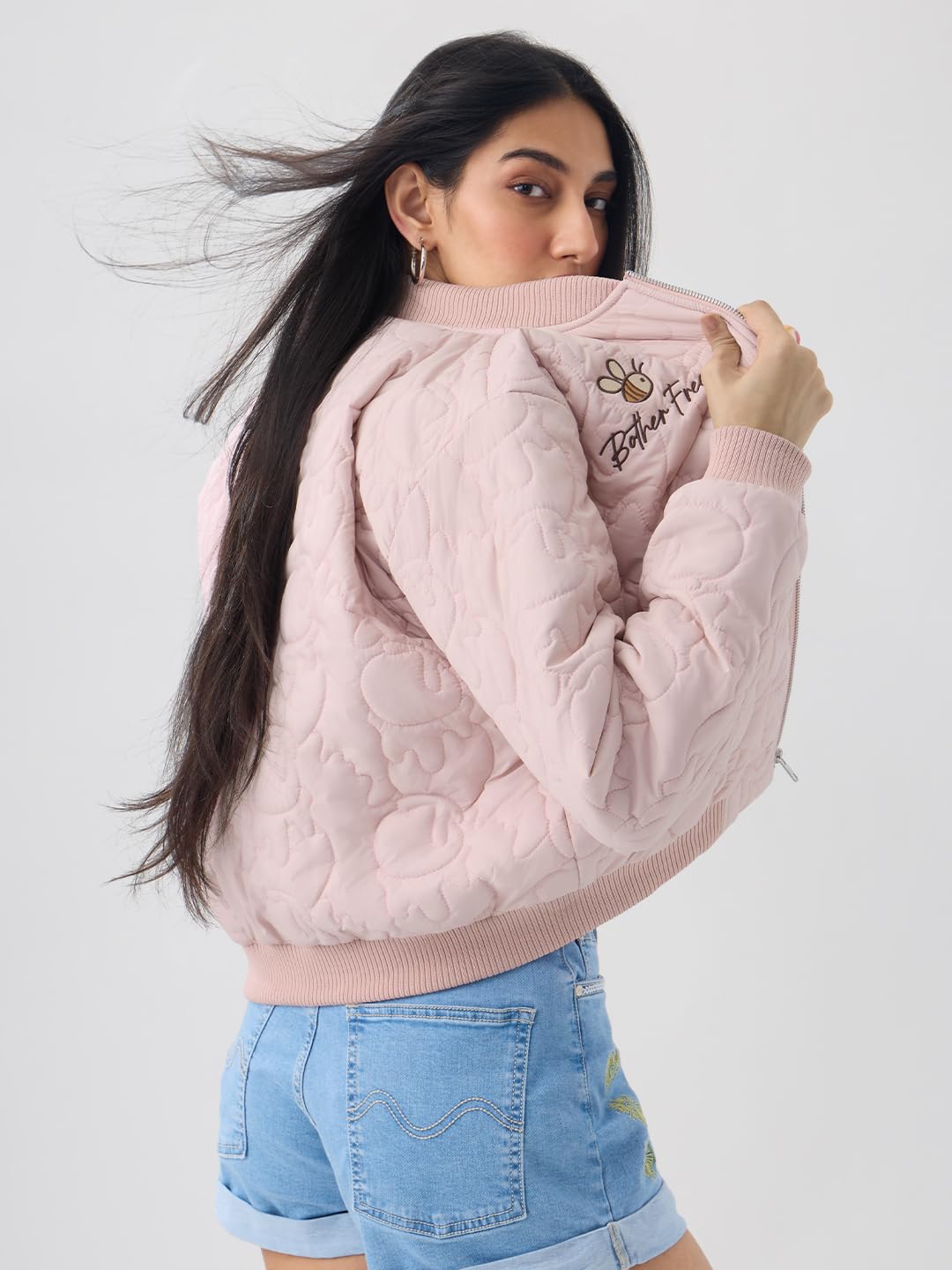 The Souled Store Disney: Bother Free Women and Girls Full Sleeves Spread Collar Quilted Embroidered Polyester Regular Fit Lightweight Casual Bomber Jacket