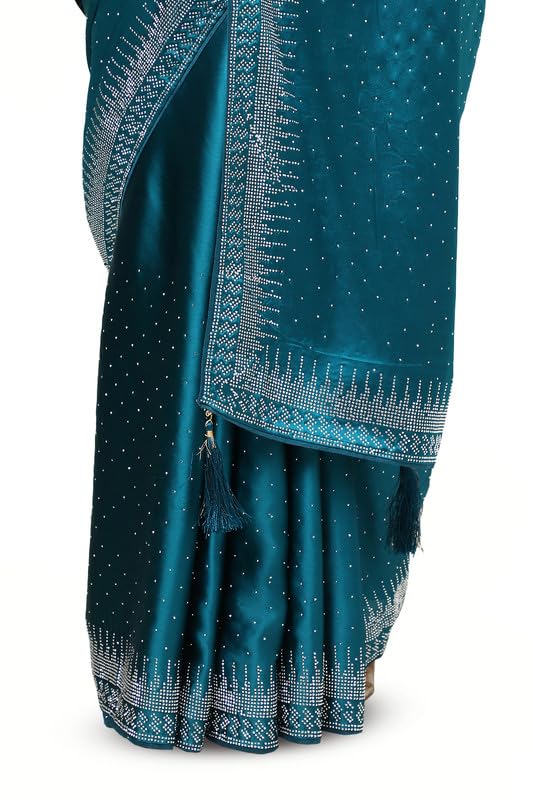 Soch Womens Teal Satin Embellished Saree With Stone Work