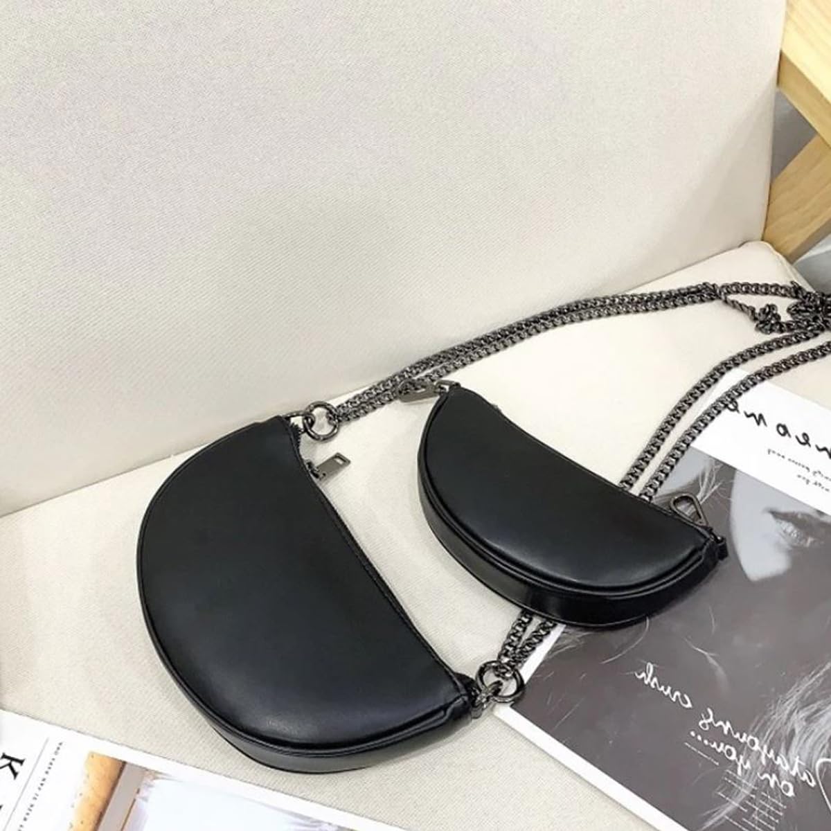 SIBY PU Leather Women Crossbody Bag with Metal Double Chain | Retro Semicircle Saddlebag | Versatile Mini Shoulder Bag- Black (2 Pcs)