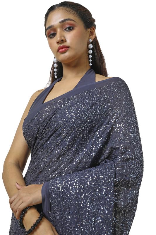 Soch Womens Charcoal Chiffon Saree With Sequins Work