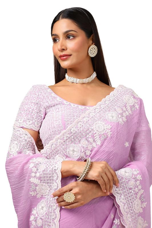 Soch Womens Lavender Organza Embroidered Saree With Beads And Stones