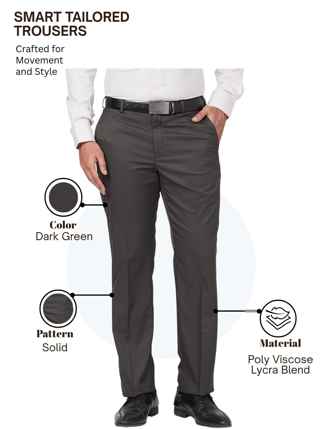 Park Avenue Men's Regular Fit Pleated Trousers, Poly Viscose Lycra Blend, Solid Pattern, Mid Rise | Dark Green