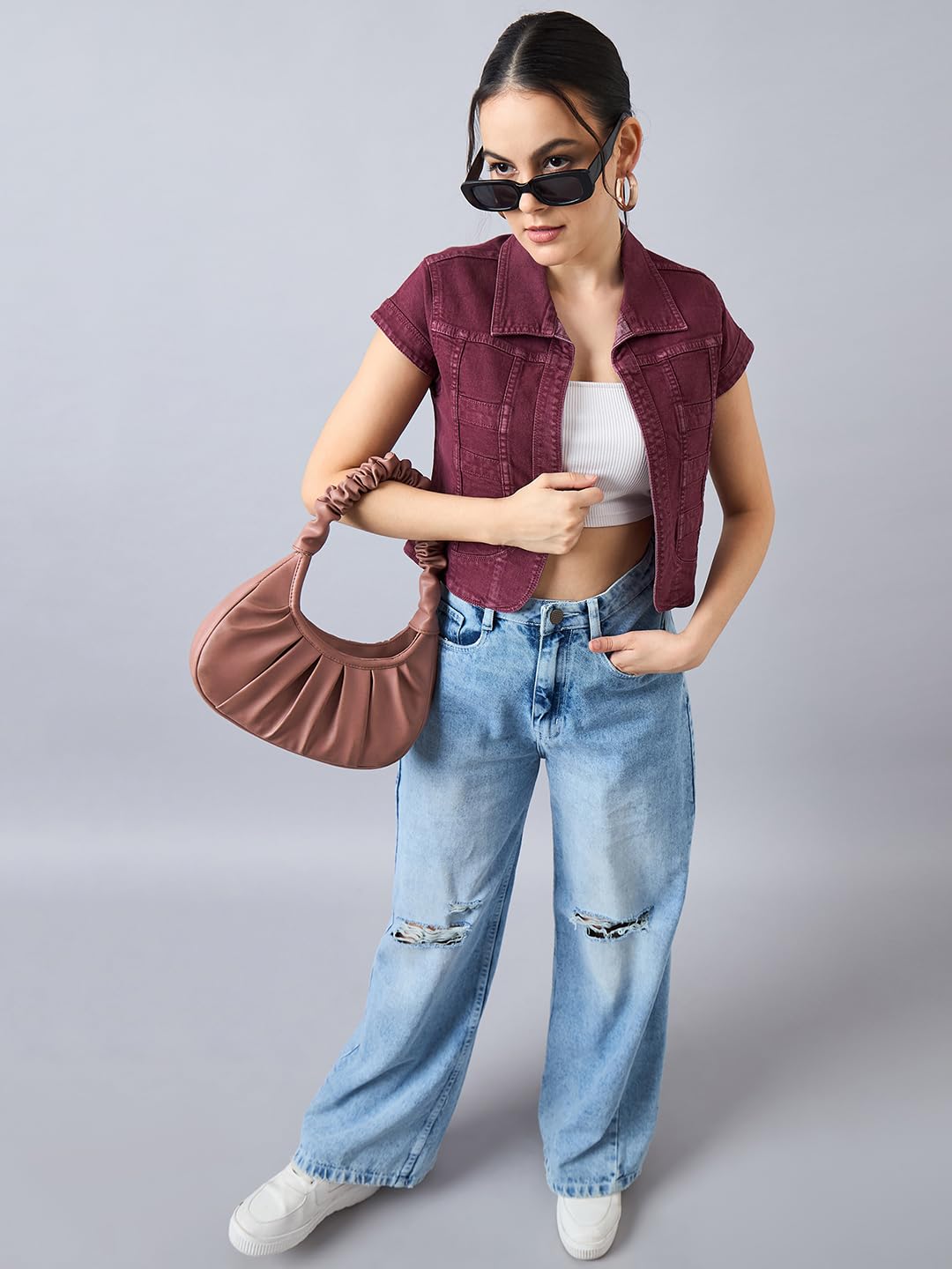 Style Quotient Women Wine Open Front Denim Shrug
