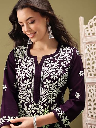 Ada Hand Embroidered Lucknowi Chikankari Cotton Kurta and Pant Set for Women A811276 Wine (S)