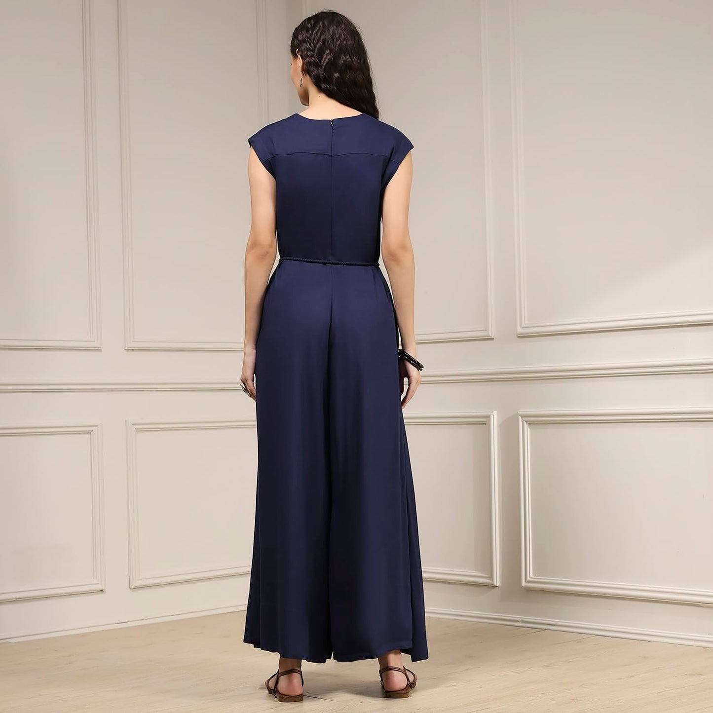 Biba Women's Rayon Asymmetric Floor Length Jumpsuit (RTRDMA31112AW25NVY_Navy Blue