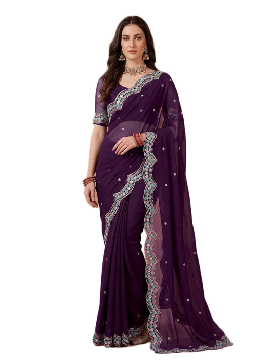 SIRIL Women's Chiffon Scalloped Border Embellished Sequins Embroidery Saree with Unstitched Blouse Piece (4995S1166A_Dark Wine)
