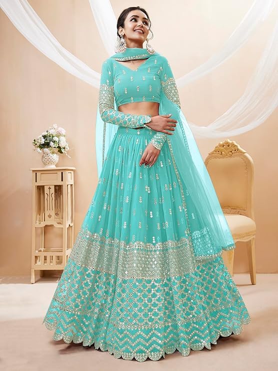 TIMELESS SHOPING Wondrous Women's Indian Traditional Pure Silk Lehenga Choli With Blouse, Color Sky Blue