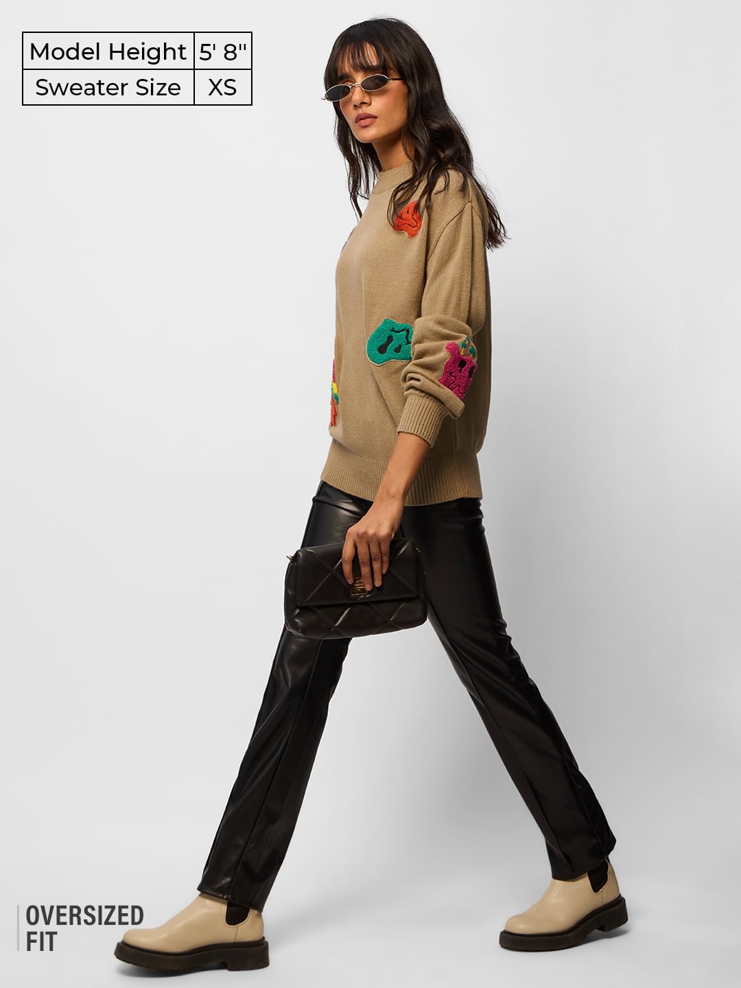 The Souled Store Originals : Trippy Smiles Cable Knit Women Oversized Sweater Beige