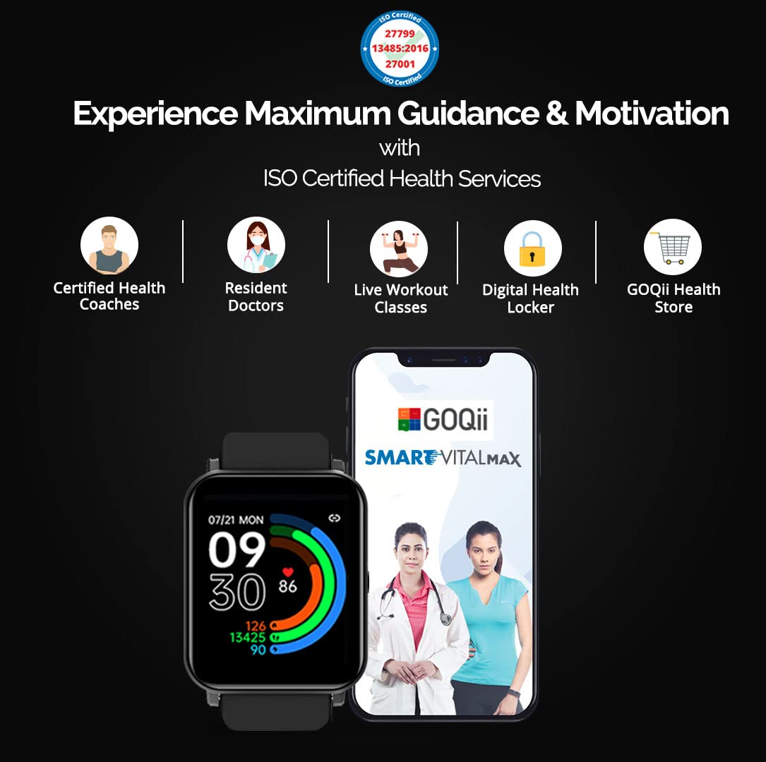 GOQii Smart Vital MAX SpO2 1.69'' HD Full Touch, Smart Notification, Waterproof, IP68, Smartwatch for Smart Phones, Blood Oxygen, Sports & Sleep Tracking with 3 Months Personal Coaching- Black