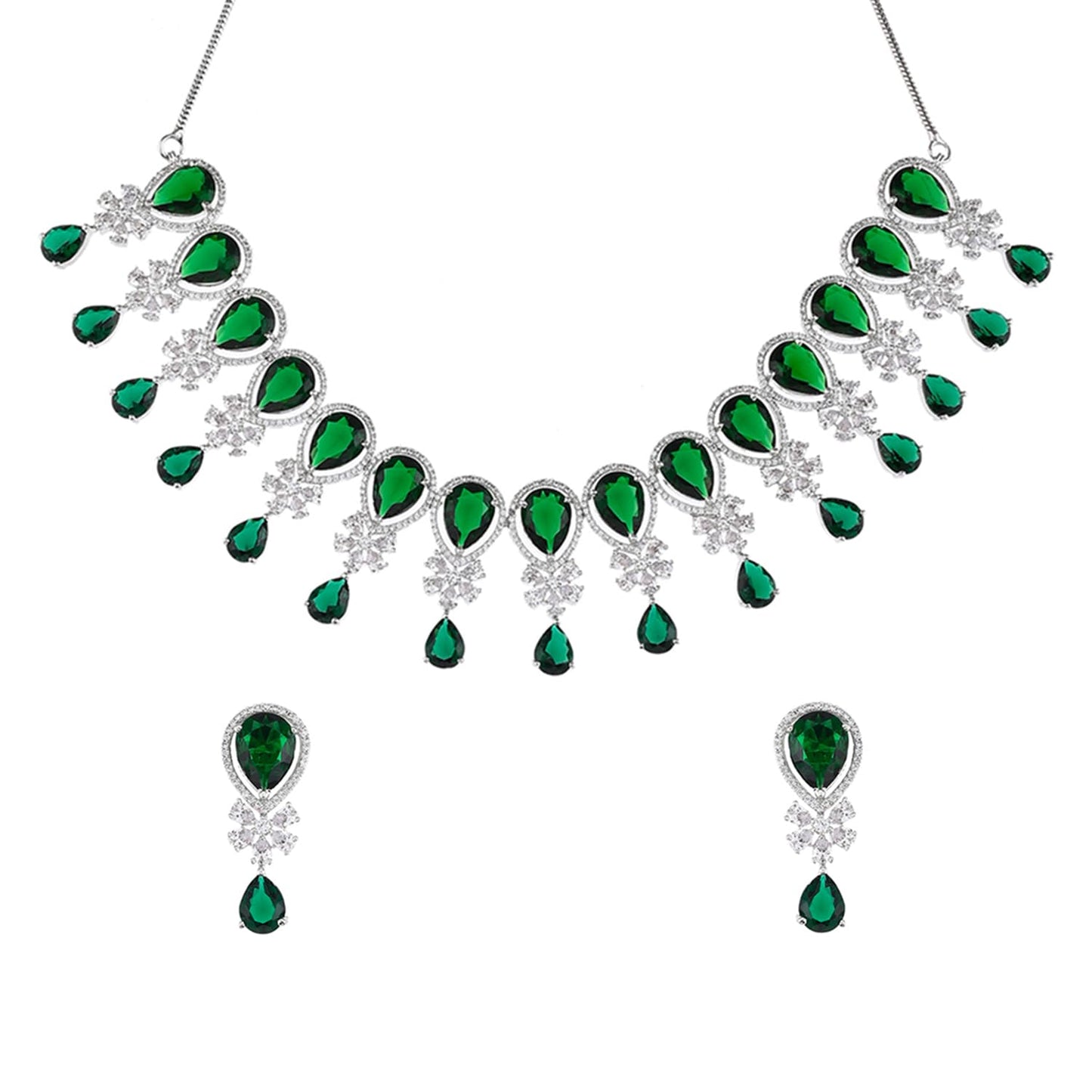 VOYLLA Cz Elegance Green Teardrop Zircons Jewellery Set For Women|Womens Jewellery Set|Gift For Women|Womens Gift|Gift For Her|
