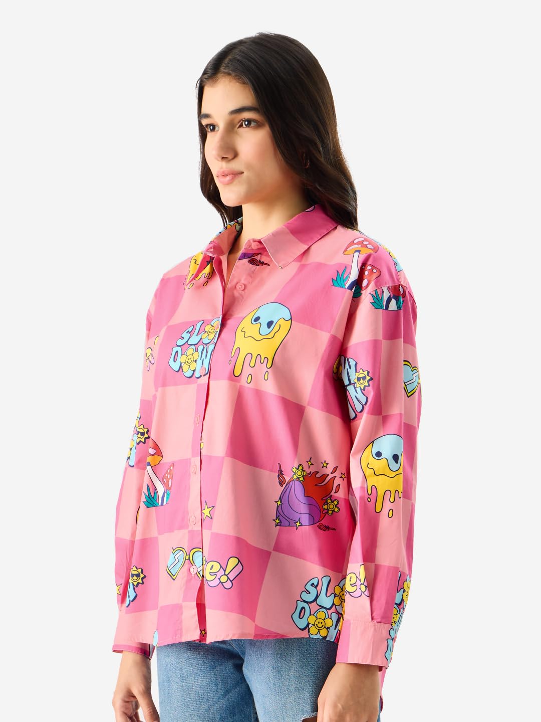 The Souled Store Slow Down Long Sleeve Collared Button Down All Over Print Oversized Fit Cotton Boyfriend Shirt for Women & Girls Pink