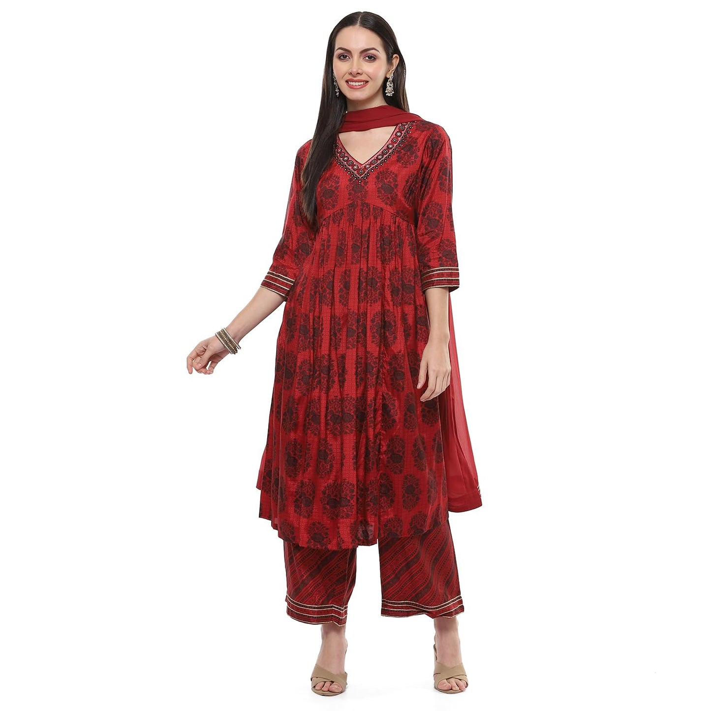 BIBA WOMEN PRINTED GATHERED SALWAR KURTA DUPATTA(SKDAFREEN8845_TERRACOTTA_36)