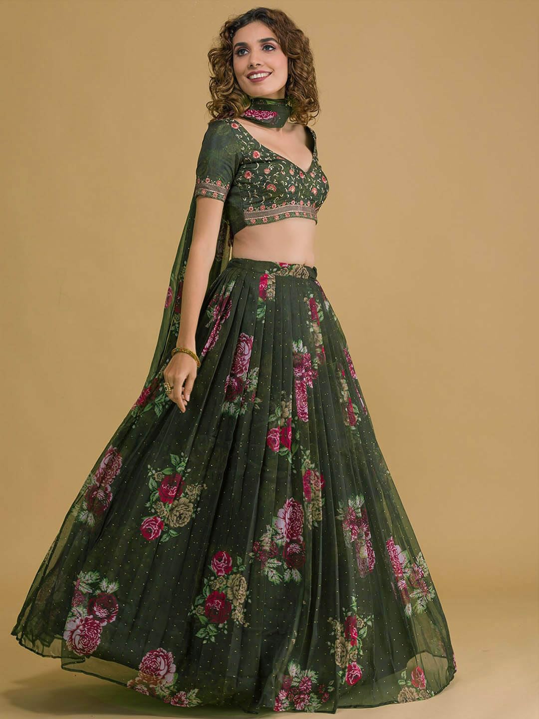 Zeel Clothing Womens Floral Embroidered Organza New Semi-Stitched Lehenga and Choli Set(5070-Green-Wedding-Designer-Latest-Party; Free Size), Dark Green