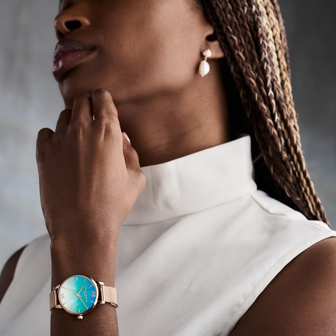 Olivia Burton Under The Sea Qtz Basic Slim Ombre Teal to White Mother of Pearl Round Dial Women's Watch|Ionic Plated Rose Gold Steel Material|Gold Color Band - OB16US66