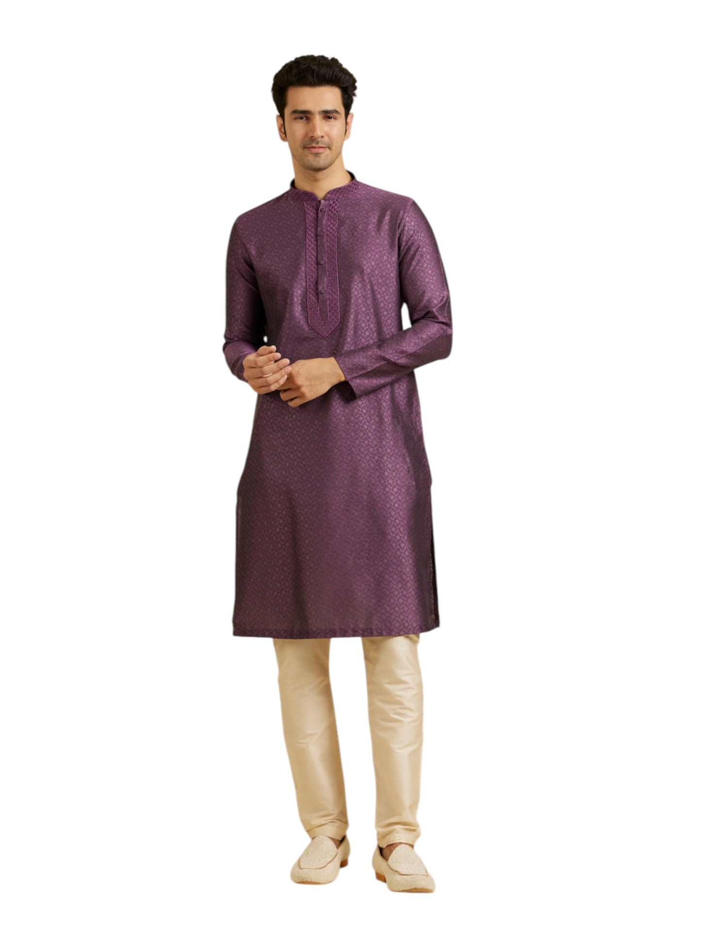 Manyavar Men's Viscose Blend Embroidered Neckline Kurta Pyjama Set (2pcs)