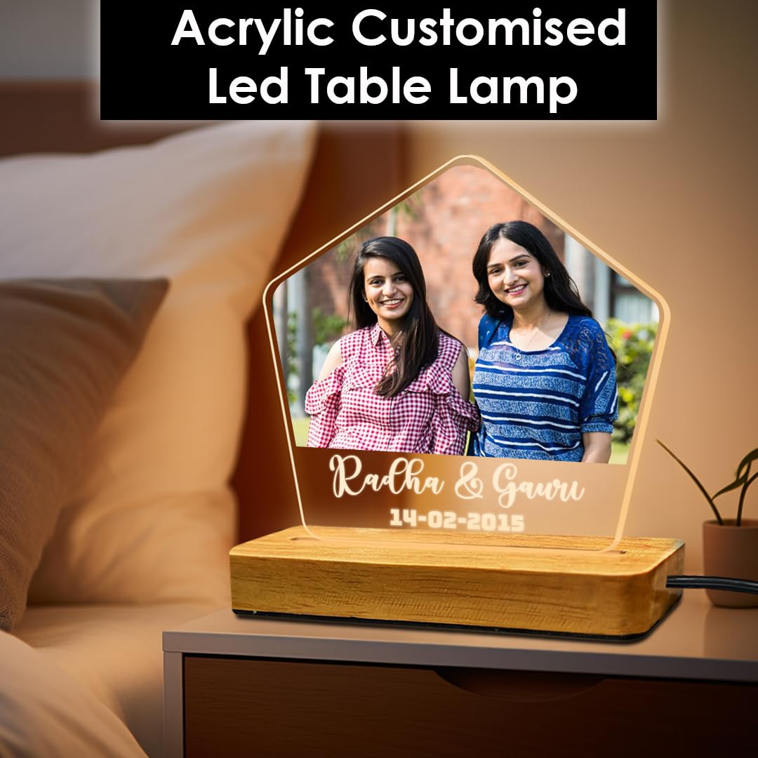 Fashionury Customized LED Photo and Name Table-Top Lamp – Custom Acrylic Night Light with Wooden Stand, Romantic Couple Design, Anniversary & Wedding Gift, Home & Bedroom Decor