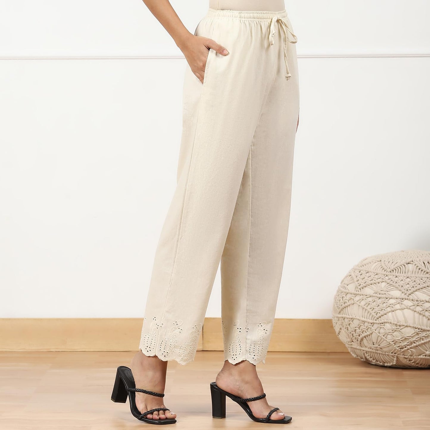 BIBA Women Mid Rise Solid Straight Bottom WEAR(Bottom W16946_Natural_L)