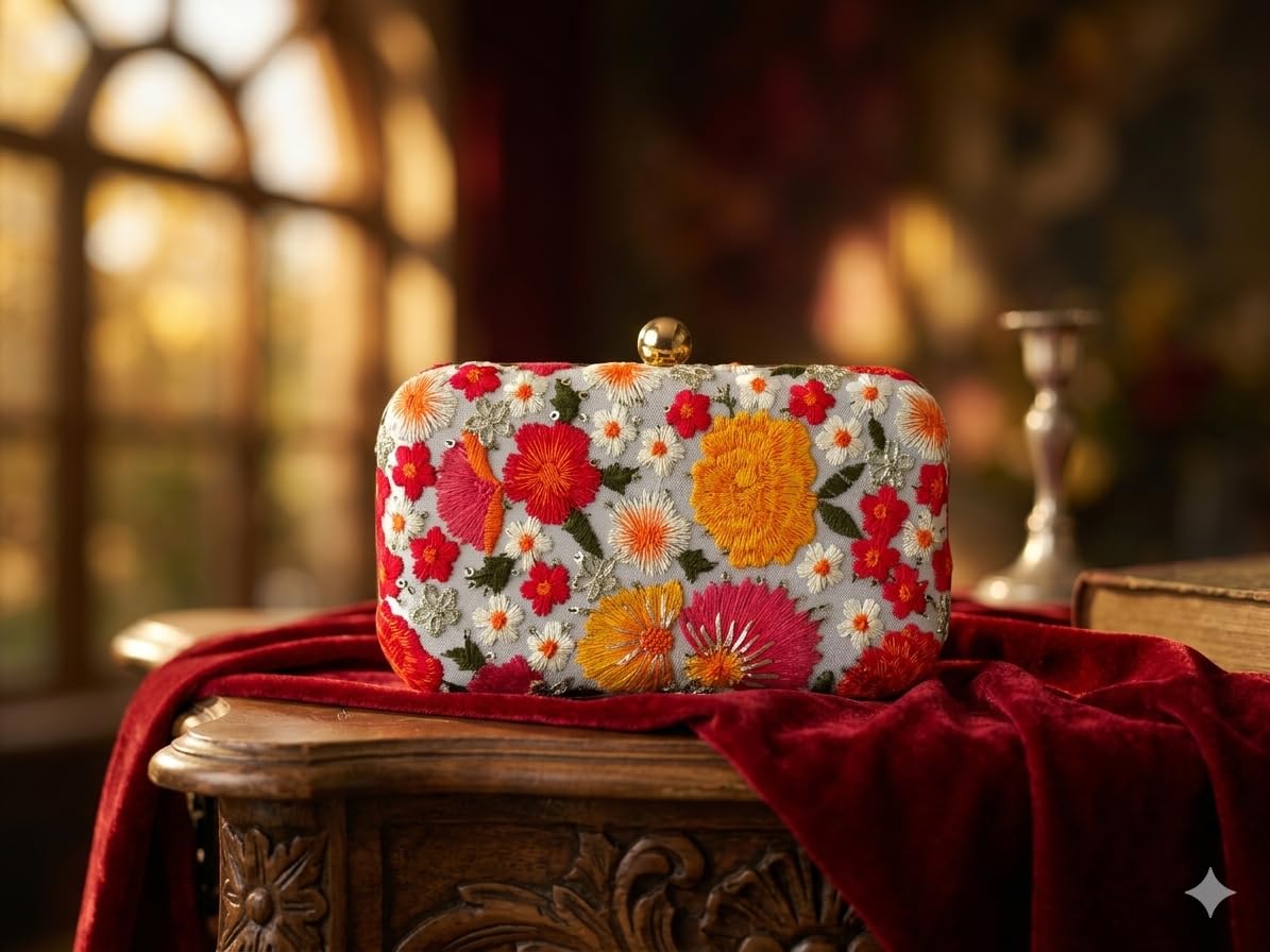 DUCHESS Women’s Embroidered Floral Box Clutch Bag – Silk Wedding Purse with Gold Metal Frame and Detachable Chain Strap – Ethnic Indian Bridal Handbag for Parties, Proms, and Evening Events