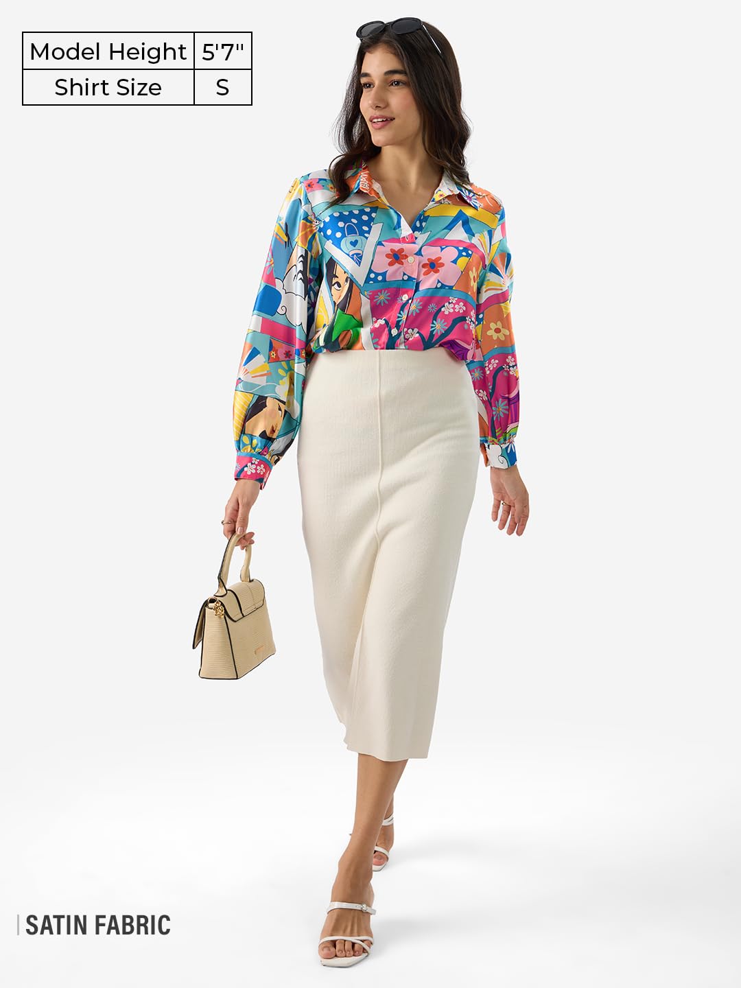 The Souled Store Official Satin Shirt: Disney Mulan Women and Girls Long Sleeve Collared Neck Button Down Multicolor All Over Printed Polyester Shirts