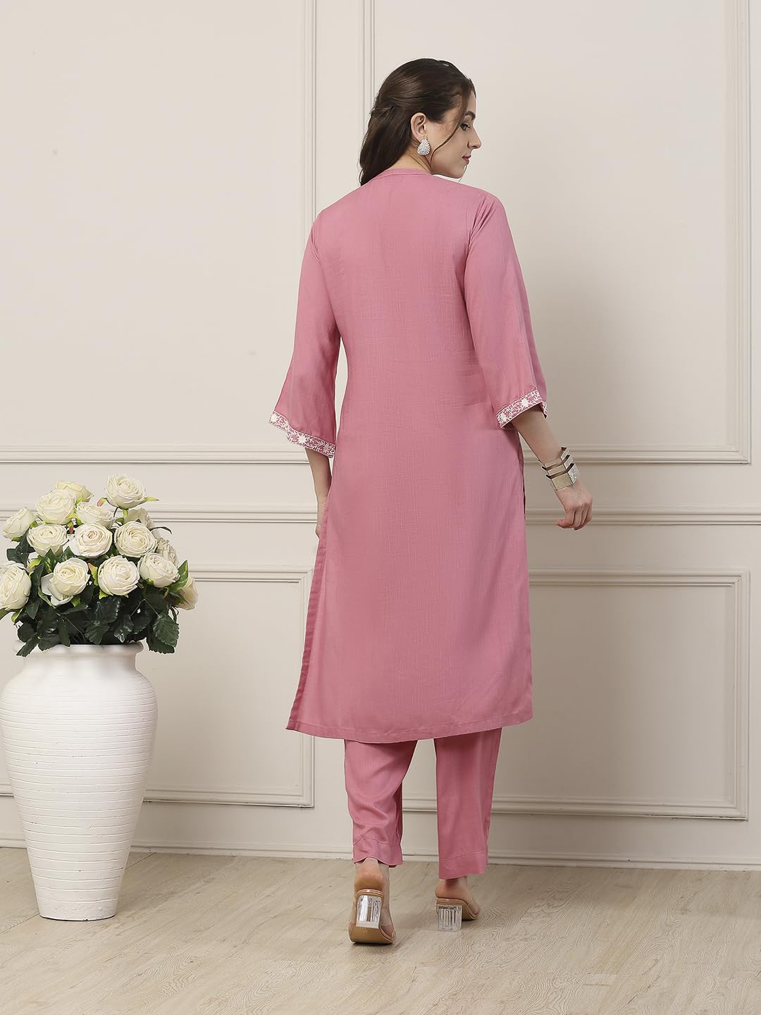 Biba Women Pink Viscose Rayon Straight Suit Set_34