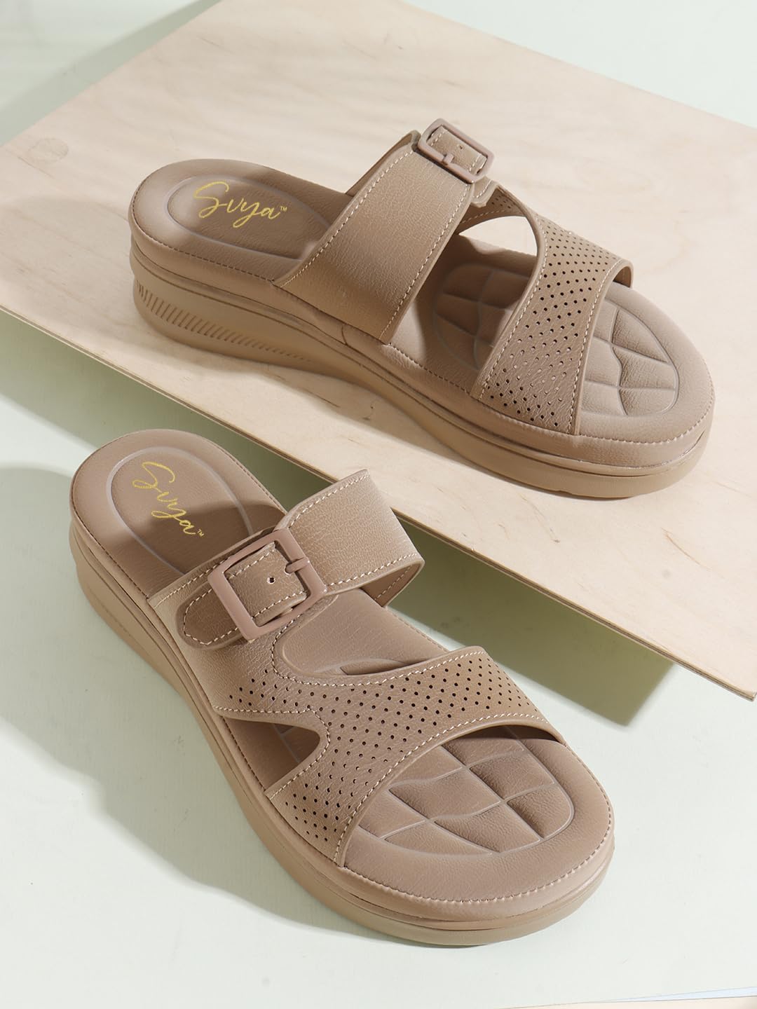 Women Slide Sandals with Perforated Upper and Buckle Detail for All-Day Comfort (Chiku, UK Footwear Size System, Adult, Women, Numeric, Medium, 4)