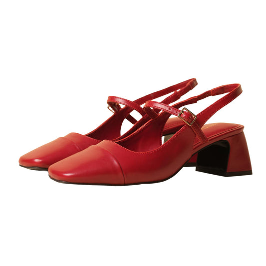 Theater Women Twiggy Red Mary Jane Heels | Square Toe Slingback Block Heel Sandals with Adjustable Strap | Comfortable & Stylish for Office, Party & Casual Wear