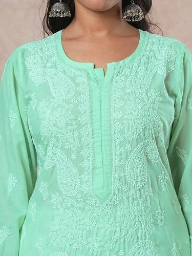 Ada Hand Embroidered Lucknowi Chikankari Cotton Straight Kurta Kurti for Women A411684 Green (2XL)