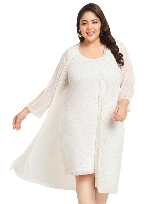 wild U Women Plus Size Two Piece Shrug Dress Set | Knee Length | Sleeve | Shimmer Gold Glitter | (Off White, Size : 5XL)