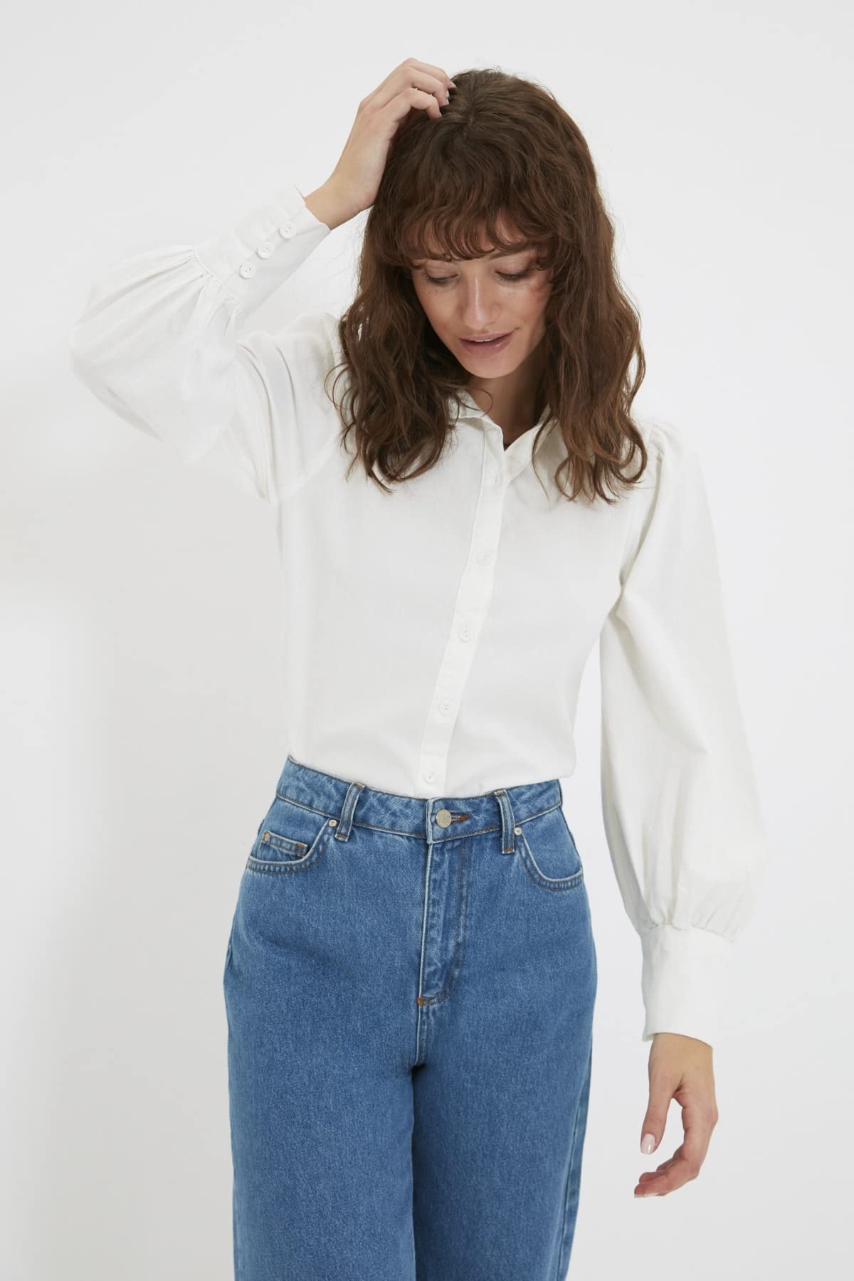 Trendyol Women Regular Basic Shirt Collar Woven Shirt, White, 42