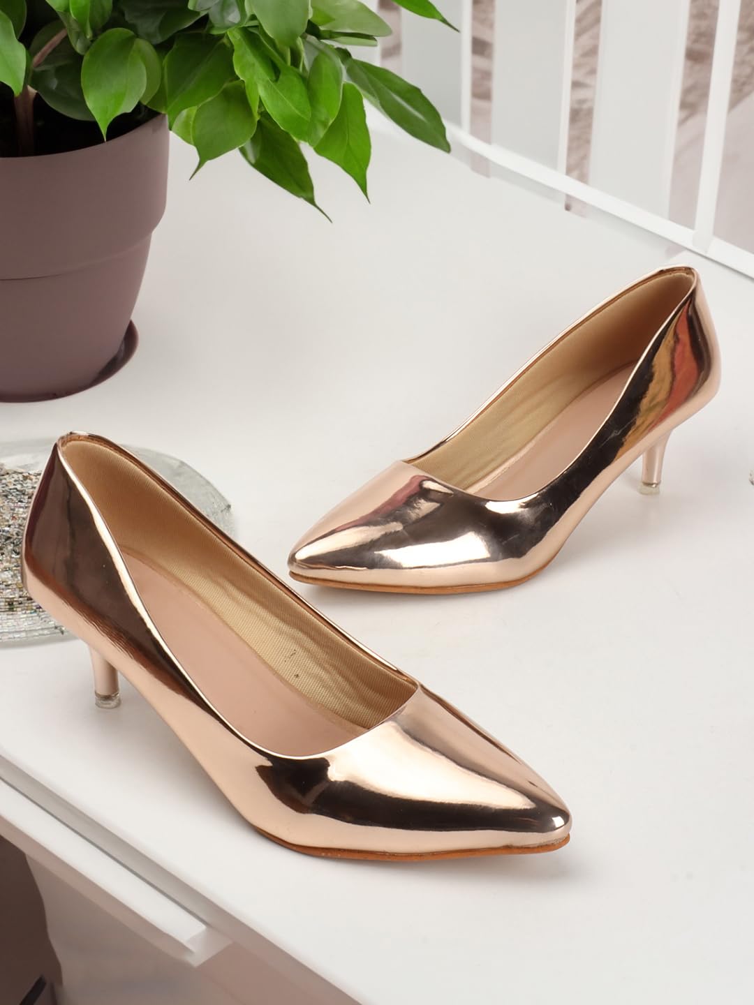 Carlton London Women Rose Gold Stylish Slip-on Pump Shoes with Stiletto Heels, Pointed Toe (39)
