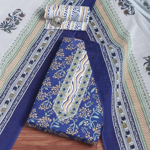 BIBA Women Royal Blue Cotton Screen Print Unstitched Suit Set_FREE SIZE