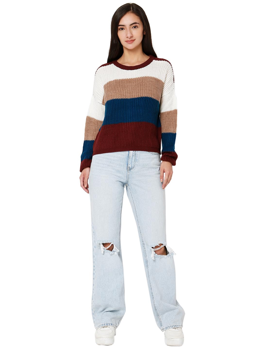 VERO MODA Women's Acrylic Round Neck Pullover Sweater (10286827-Surf The Web_Surf