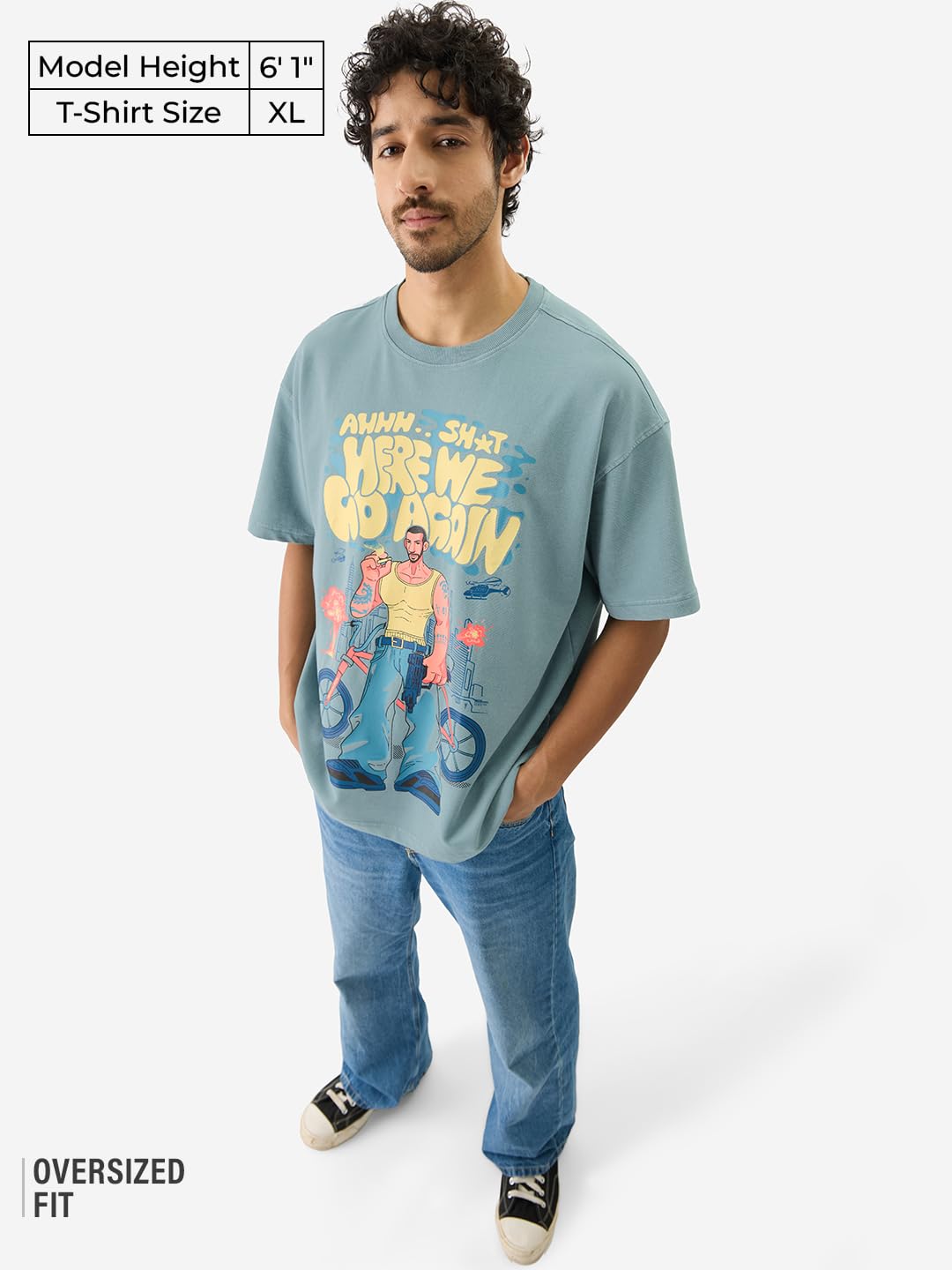 The Souled Store Here We Go Again Short Sleeve Round Neck Green Graphic Printed Cotton Oversized T-Shirts for Men and Boys- Trendy Tees for Every Day