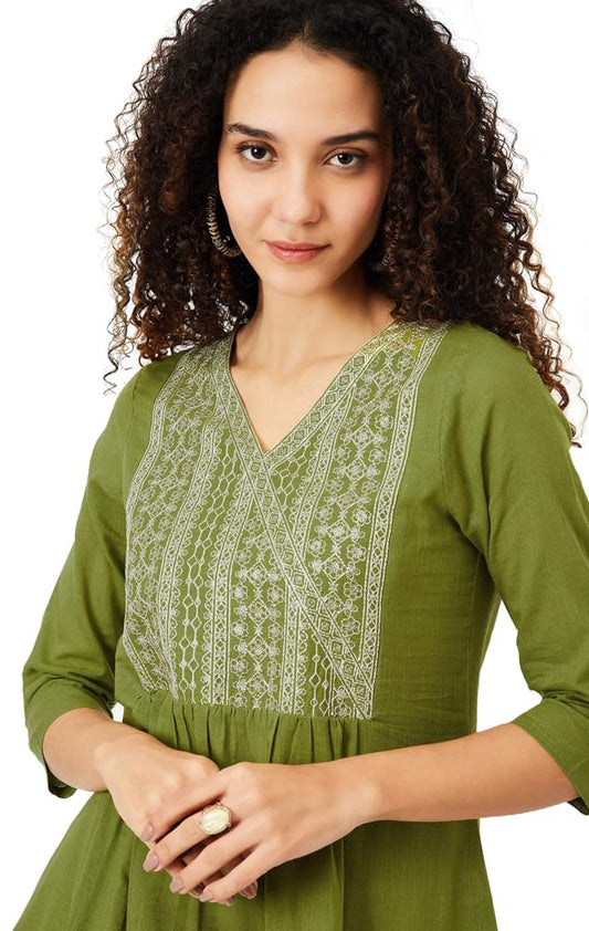 Max Women Cotton Blend Regular Fit Kurta (PFEKSP25KE_Green, Large)