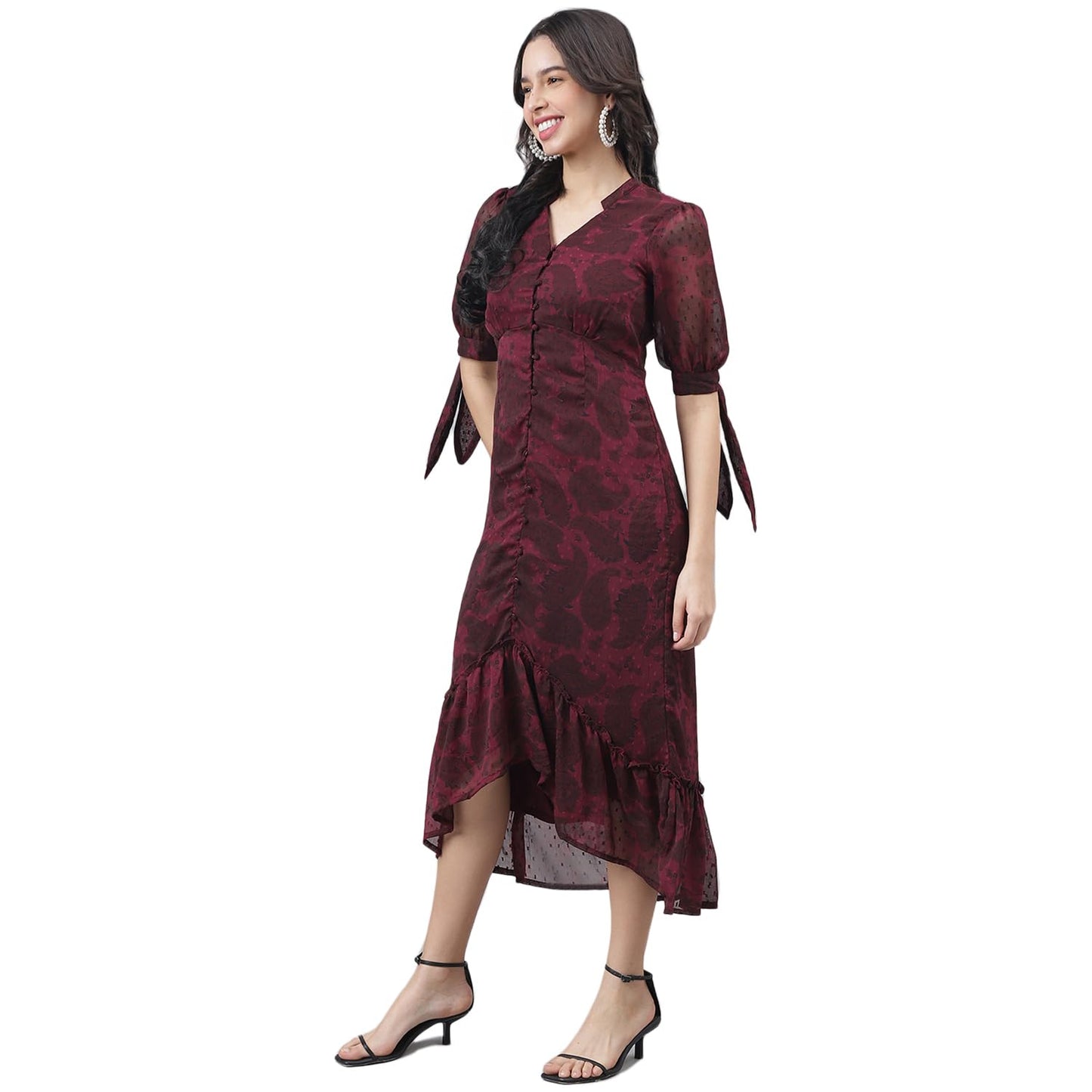 Latin Quarters Women Maroon Half Sleeve V-Neck High Low Dress_L