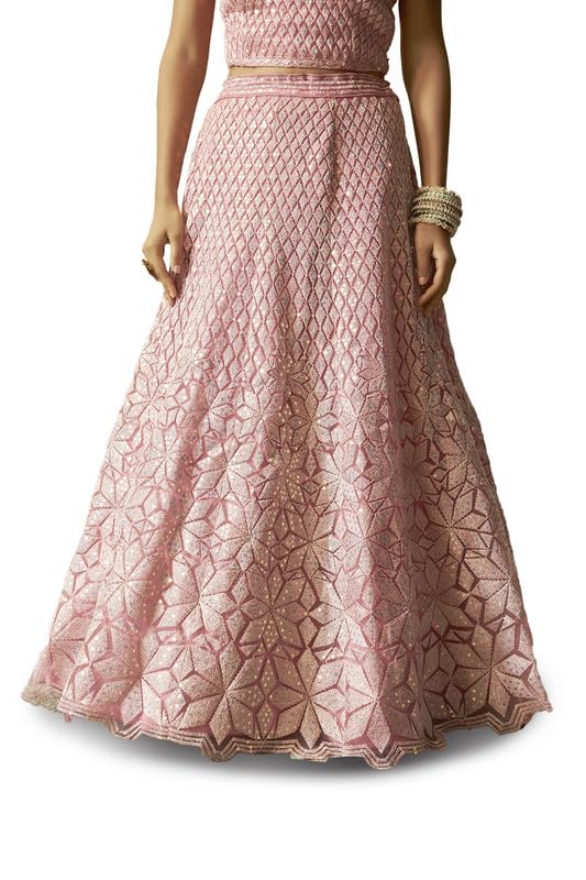 Soch Womens Pink Net Embroidered Unstitched Lehenga Set with Sequin Embellishments