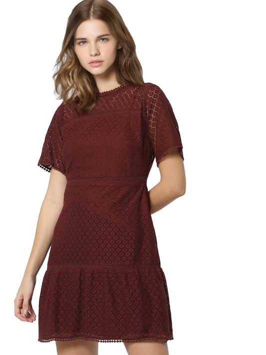 Only Women's Above The Knee Dress (15261118-Fig_Fig_Maroon_XS)