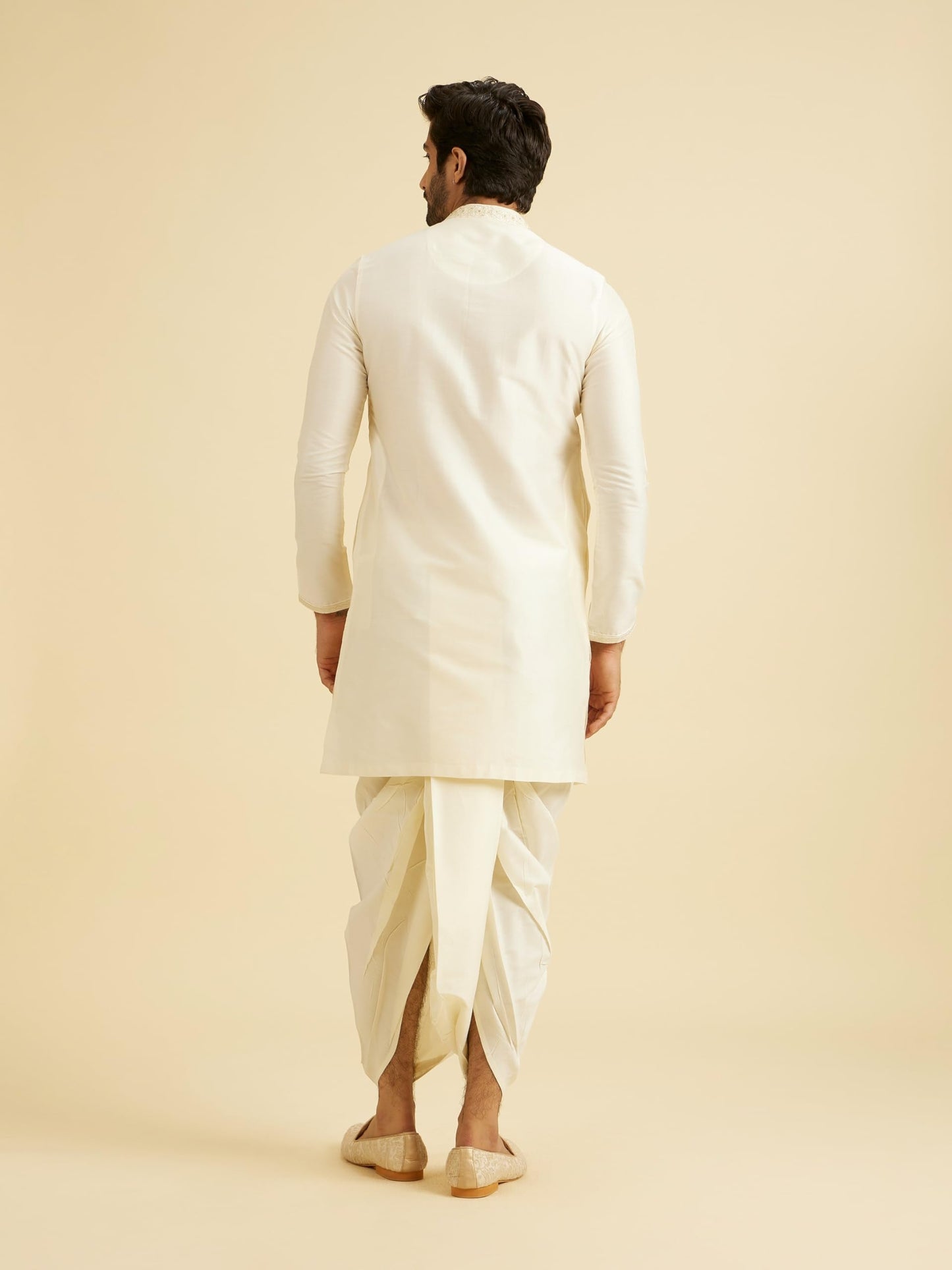 Manyavar Men's Viscose Blend Self Design Kurta Dhoti Set (Warm White,L)