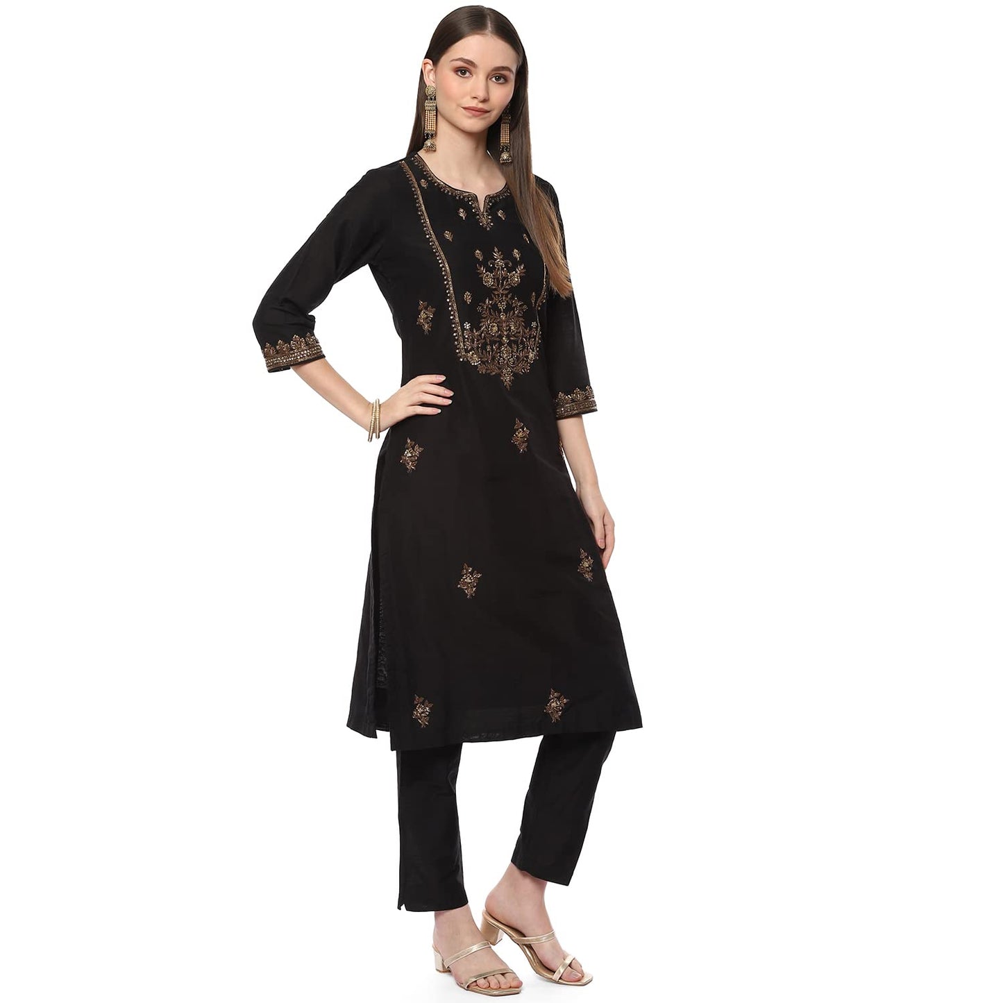BIBA Women's Solid; Embroidred Narrow Salwar Kurta Dupatta(Skd7185_Black_38) - Viscose