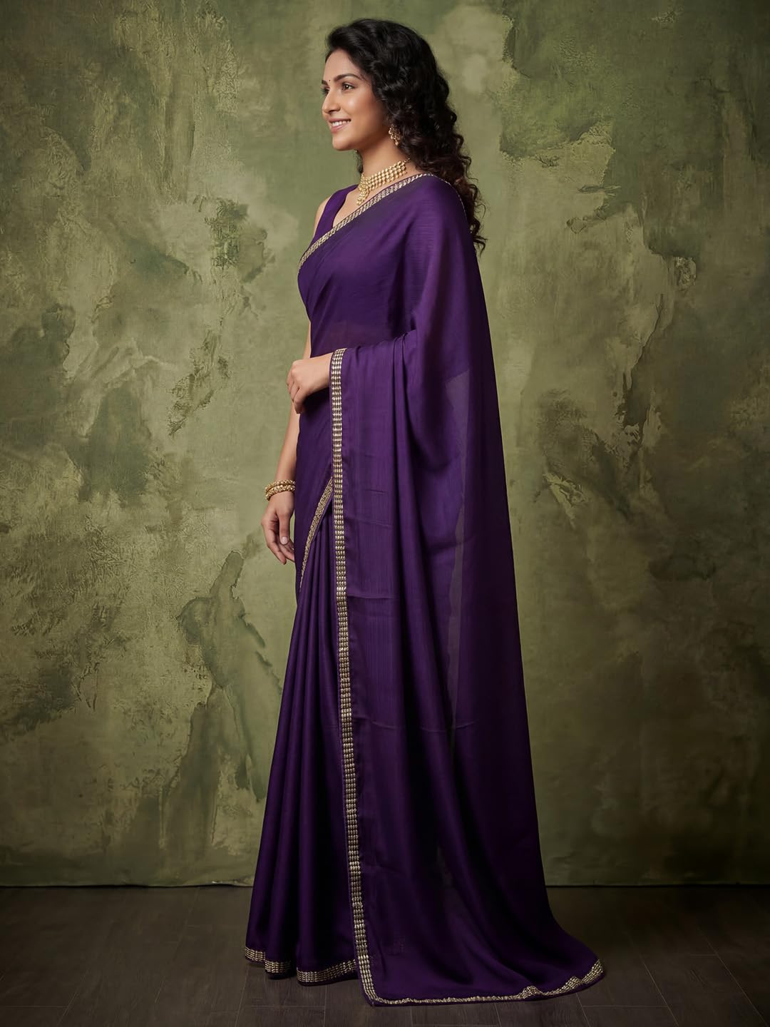 AKHILAM Women's Shimmer Purple Satin Solid Embroidered Lace work Saree With Unstitched Blouse Piece | saree for woman | Designer Saree for Women | Soft and Skin Friendly (GOPI8501_RX)